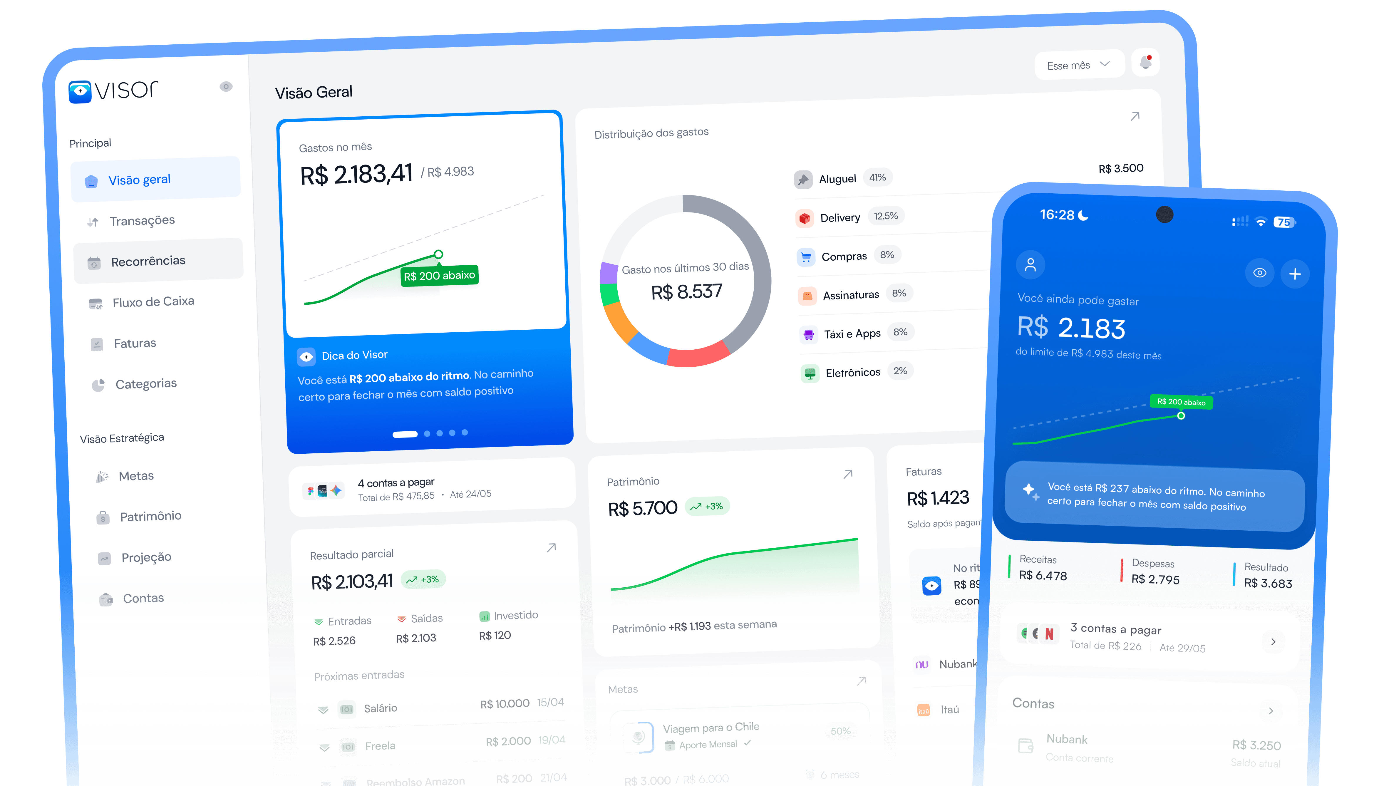 Visor em desktop com dados de finanças em tempo real e IA