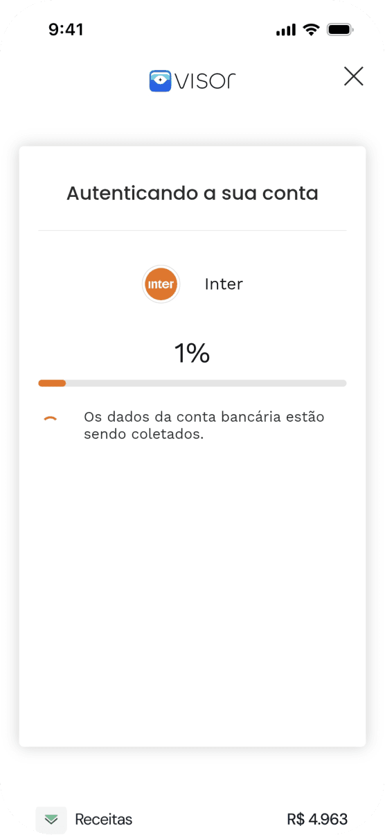 Tela do Visor autenticando a conta do banco via Open Finance